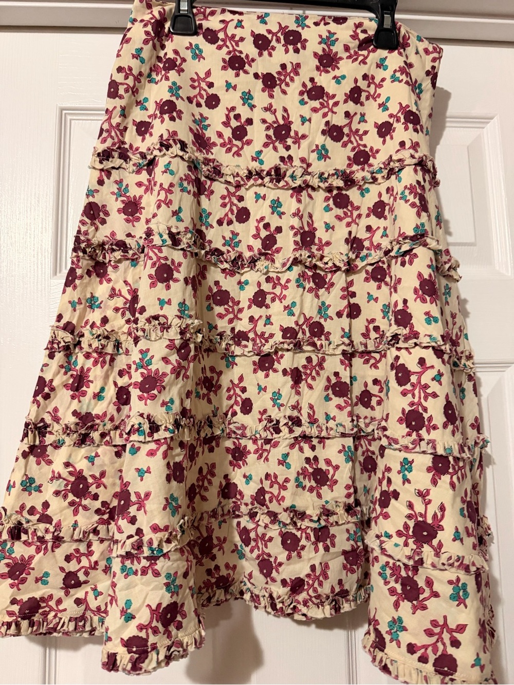 Boden Cream Floral Tiered Skirt with Burgundy & Teal Accents